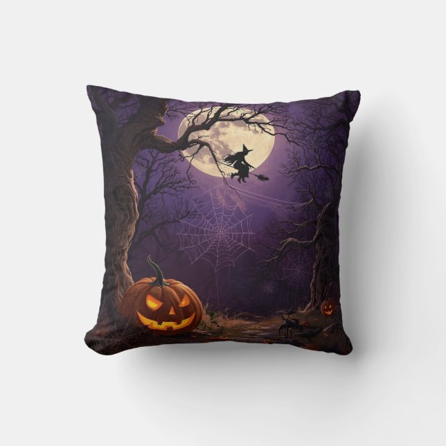 Halloween Witch & Pumpkin Square Pillow Kudde (Framsida)