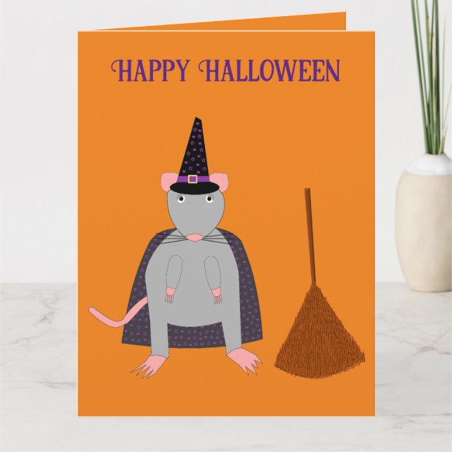 Halloween Witch Råtta och Broom Anpassningsbar Kort (Framsida)
