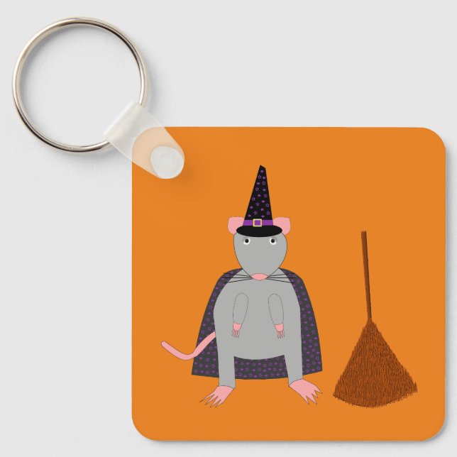 =Halloween Witch Råtta och Broom Dubbla Sided Nyckelring (Framsida)