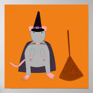 Halloween Witch Råtta och Broom Poster