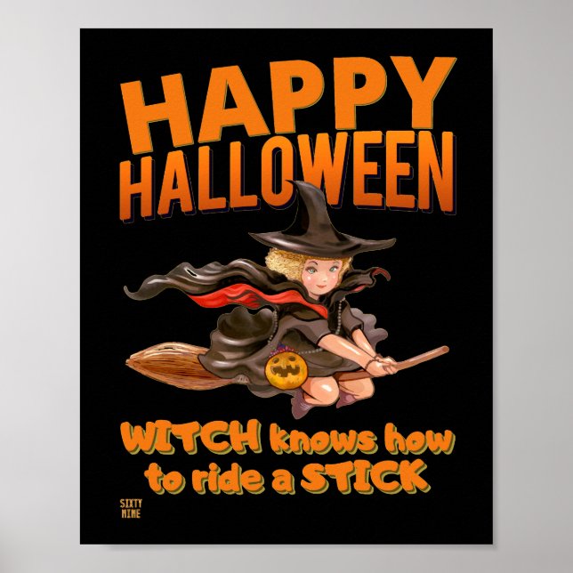"HALLOWEEN WITCH RIDES STICK" lustigt Poster (Framsidan)