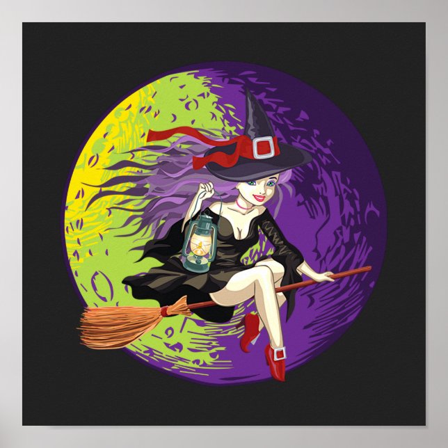 Halloween Witch Riding Broom Poster (Framsidan)