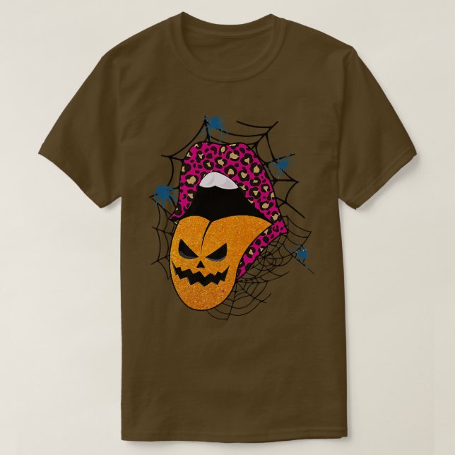 Halloween Witch Rosa Läppar Leopard Mönster Pumpki T Shirt (Design framsida)
