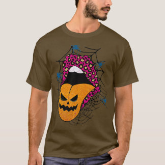 Halloween Witch Rosa Läppar Leopard Mönster Pumpki T Shirt