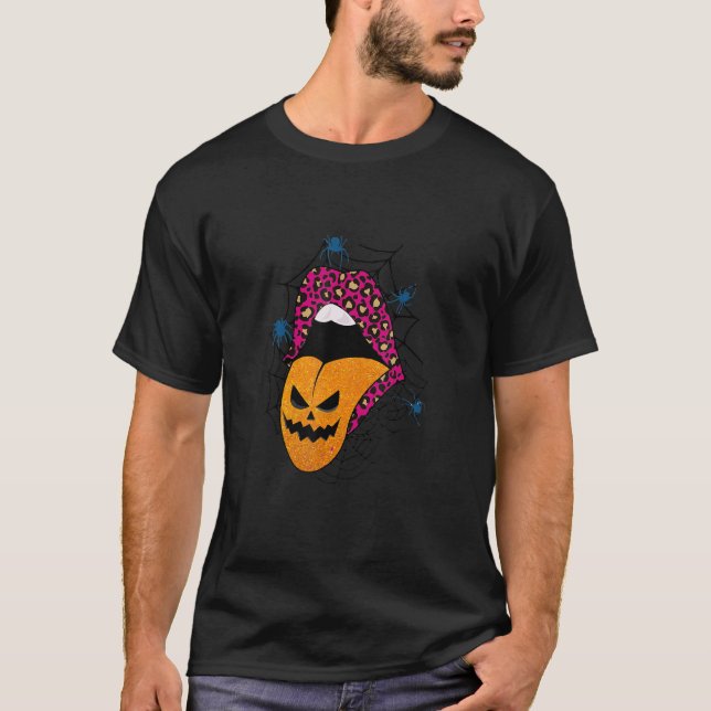 Halloween Witch Rosa Läppar Leopard Mönster Pumpki T Shirt (Framsida)