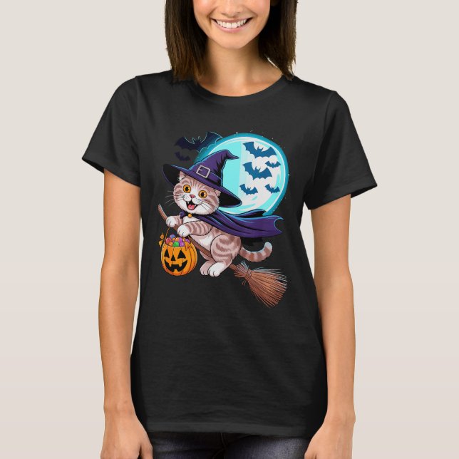 Halloween Witch Scottish Fold Moon Coupari  T Shirt (Framsida)