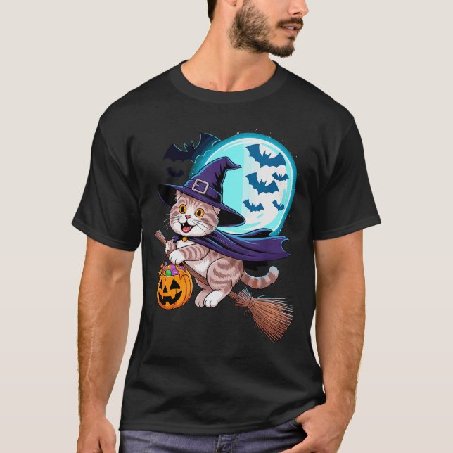 Halloween Witch Scottish Fold Moon Coupari  T Shirt (Framsida)