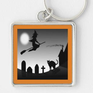 HALLOWEEN WITCH SILHOUETTE KEYCHAIN FYRKANTIG SILVERFÄRGAD NYCKELRING