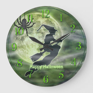 Halloween Witch Silhouette med Spider Stor Klocka