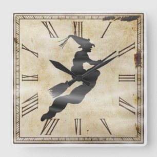Halloween Witch Silhouette Vintage Clock Ansikte Fyrkantig Klocka