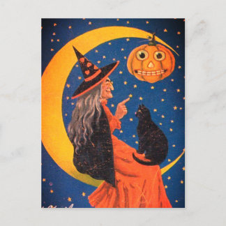 Halloween Witch Sitta på Måne Vintage Helg Vykort