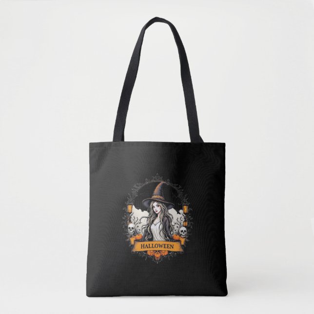 Halloween Witch & Skull Tote Bag Tygkasse (Framsida)