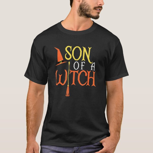 Halloween Witch Son Hat och Broom Stick Trick T Shirt (Framsida)