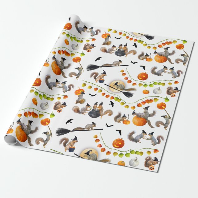 Halloween Witch Squirrels Wrapping Papper Presentpapper (Utrullad)