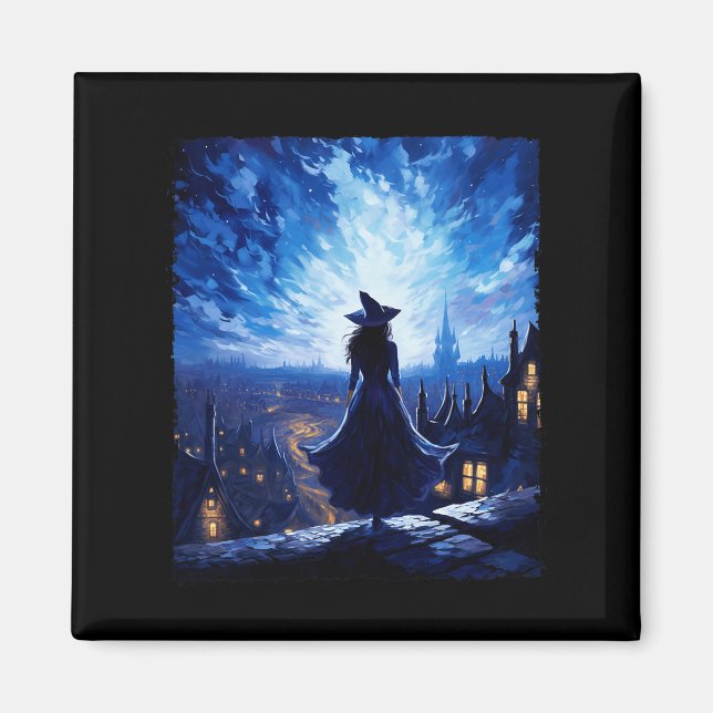 Halloween Witch Starry Night Van Gogh Aesthetic Pa Magnet (Framsidan)