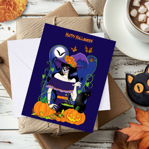 Halloween Witch Sugar Skull Kort