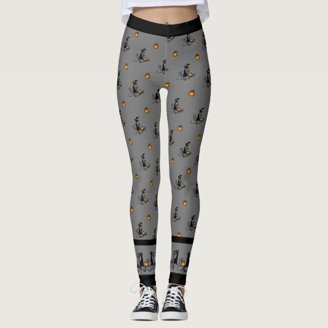 Halloween Witch Svarta katter - Grått Leggings (Framsida)