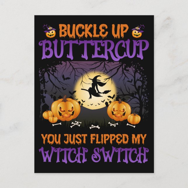 Halloween Witch Switch Buckle Up Butterpe Helg Vykort (Framsida)