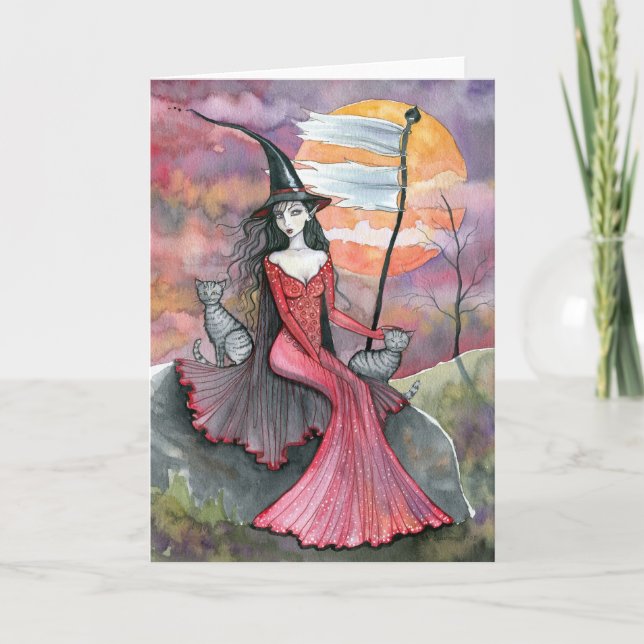 Halloween Witch Tabby katt Art-kort Kort (Framsida)
