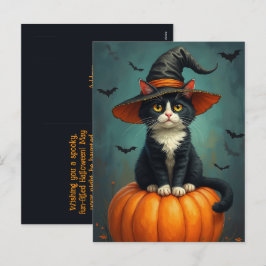 Halloween Witch Tuxedo Cat på en Pumpkin Helg Vykort