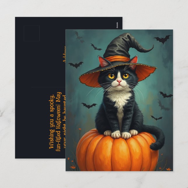 Halloween Witch Tuxedo Cat på en Pumpkin Helg Vykort (Fram/baksida)