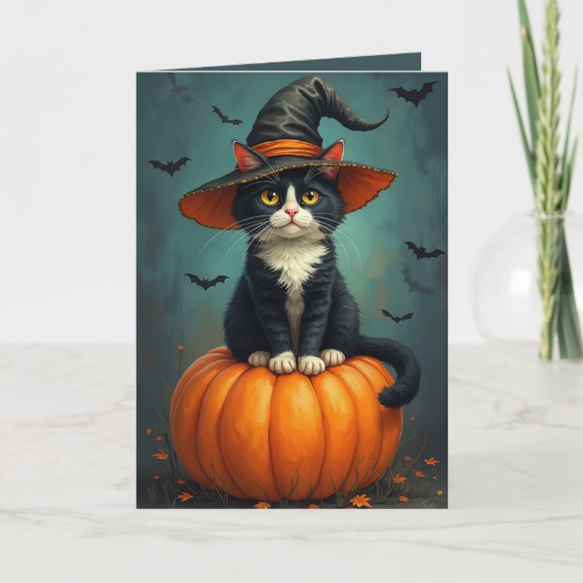 Halloween Witch Tuxedo Cat på en Pumpkin Kort (Framsida)