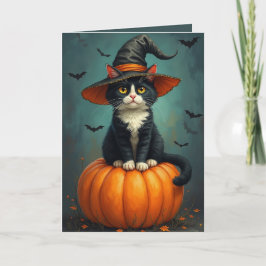 Halloween Witch Tuxedo Cat på en Pumpkin Kort