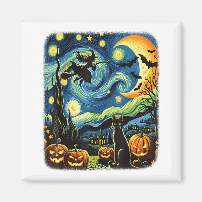 Halloween Witch Van Gogh Starry Night Black Cat Pu Magnet (Framsidan)