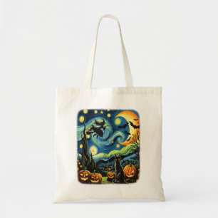 Halloween Witch Van Gogh Starry Night Black Cat Pu Tygkasse