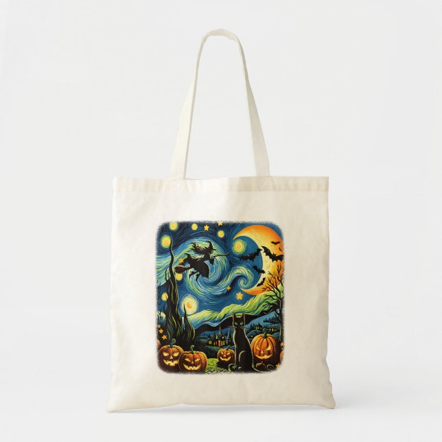 Halloween Witch Van Gogh Starry Night Black Cat Pu Tygkasse (Framsidan)