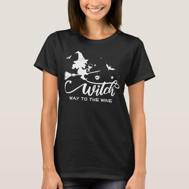 Halloween Witch Vin som flyger Broom T Shirt (Framsida)