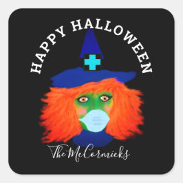 Halloween Witch Wearing Ansikte Mask Namn Fyrkantigt Klistermärke