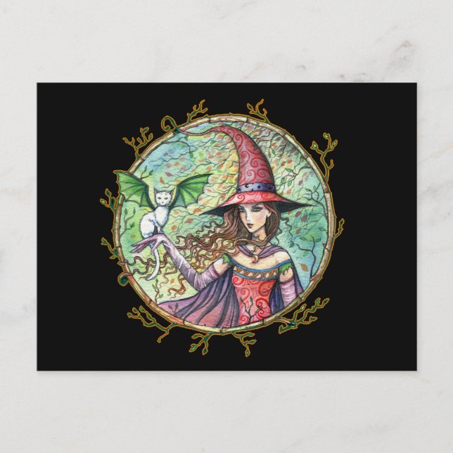 Halloween Witch White Cat vykort (Framsida)