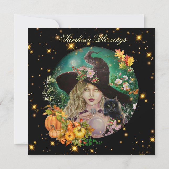 Halloween witch with black kitten greeting card  kort (Framsida)