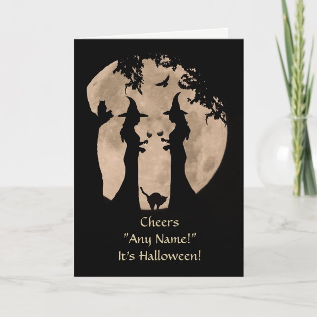 Halloween Witches Drinking Vin Custom Name Front Kort (Framsida)
