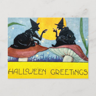 Halloween Witches on Toadstool with Full Moon Vykort
