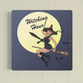 Halloween Witching Hour Retro Witch-väggklocka Fyrkantig Klocka