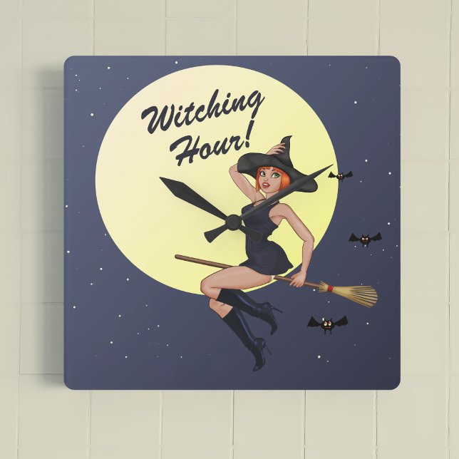 Halloween Witching Hour Retro Witch-väggklocka Fyrkantig Klocka (It's witching hour! A cheeky witch is flying on a broomstick)
