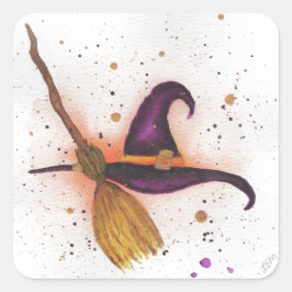 Halloween Witch's Hat and Broom Fyrkantigt Klistermärke