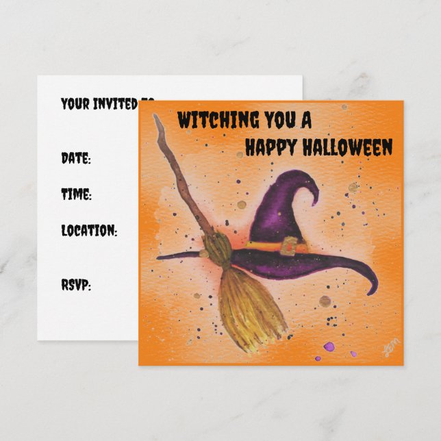 Halloween Witch's Hat and Broom Inbjudningar (Fram/baksida)