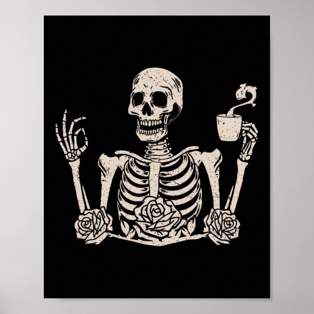 Halloween Women Manar Funny Skeleton Drinking Coff Poster (Framsidan)