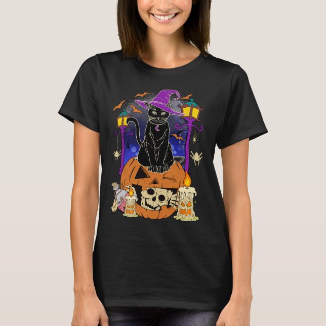 Halloween Women Manar Kids Halloween Black Cat Pum T Shirt (Framsida)