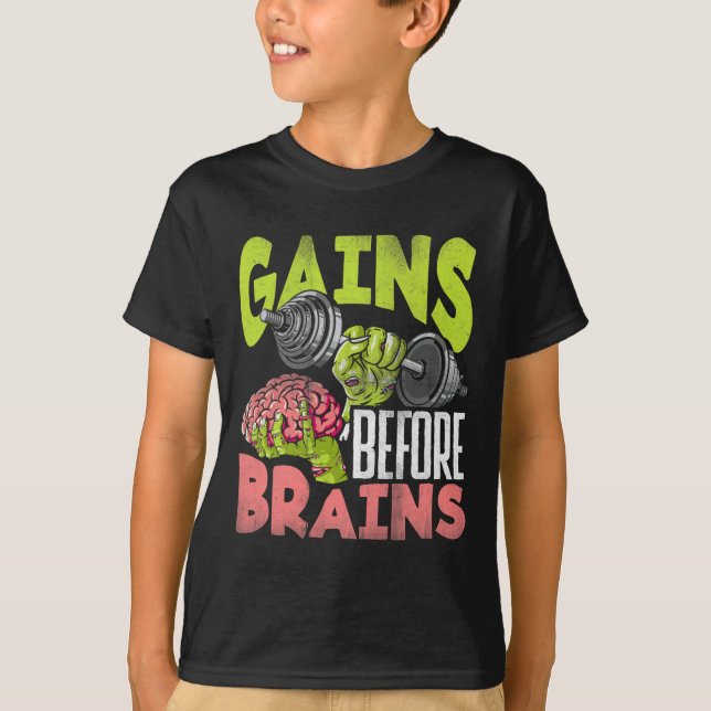 Halloween Workout Zombie Weightlift Gains Befor T Shirt (Framsida)