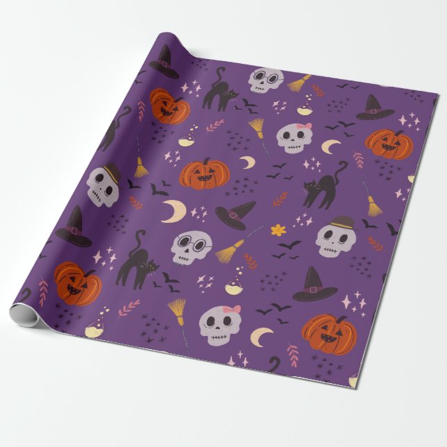 Halloween Wrapping Papper - Pumpor, Döskallar, kat Presentpapper (Utrullad)