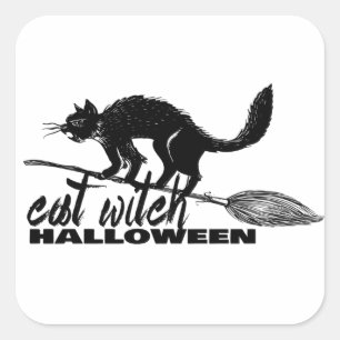 Halloween-ynlig Cat Witch på Broomstick Fyrkantigt Klistermärke