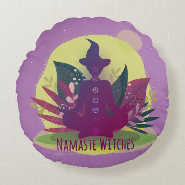 Halloween Yoga Namaste Witches Rund Kudde (Framsidan)