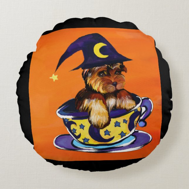 Halloween Yorkie Poo Rund Kudde (Framsidan)