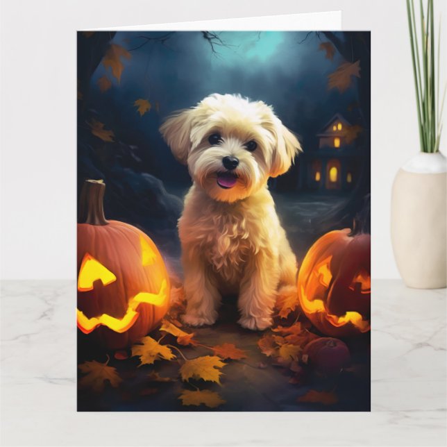Halloween Yorkipoo Med Pumpa Skräckinjagande Kort (Framsida)