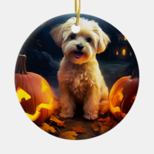 Halloween Yorkipoo med pumpor Julgransprydnad Keramik