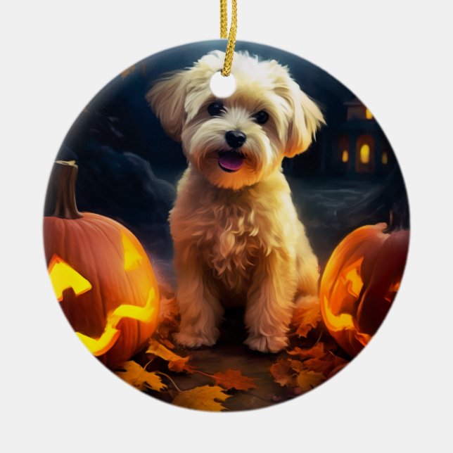 Halloween Yorkipoo med pumpor Julgransprydnad Keramik (Framsidan)